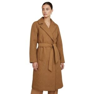 NWT Elie Tahari Quilted Trench‎ Floral Print Belted Coat Camel Brown Size Medium